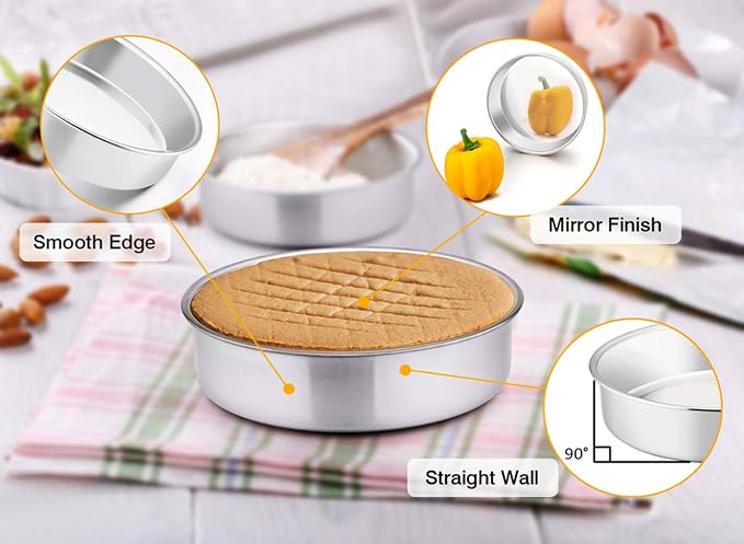 TeamFar 8 Inch Cake Pan, 3 Pcs Round Cake Pan Tier Cake Pan Set | Stainless Steel, for Baking Steaming Serving, Healthy & Heavy Duty, Mirror Finish & Easy Clean, Dishwasher Safe - Image 2