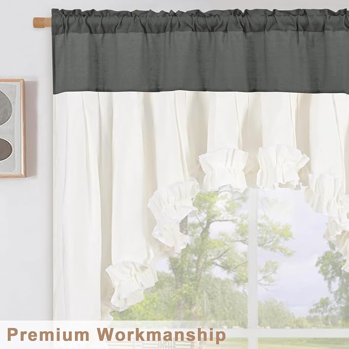 Likiyol Linen Valances for Windows Farmhouse Ruffle Swag Valance Rustic Country Window Valances Light Filtering Kitchen Curtains Rod Pocket Valance Curtains for Bathroom Cafe, Grey White, 60"W x 36"L - Image 7