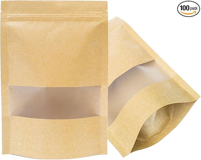 100 Pcs Brown Kraft-Paper-Bags with Window, 3.5 * 5.5 inch Stand Up Zipper Pastry Bags, Zip Lock Food Storage Bag for Packaging Products, Reusable, Sealable by TAGLUMO
