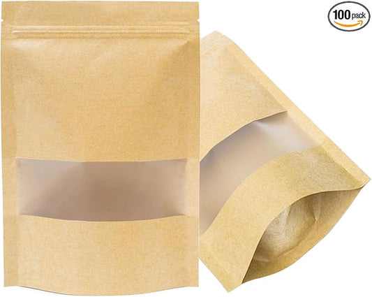 100 Pcs Brown Kraft-Paper-Bags with Window, 3.5 * 5.5 inch Stand Up Zipper Pastry Bags, Zip Lock Food Storage Bag for Packaging Products, Reusable, Sealable by TAGLUMO