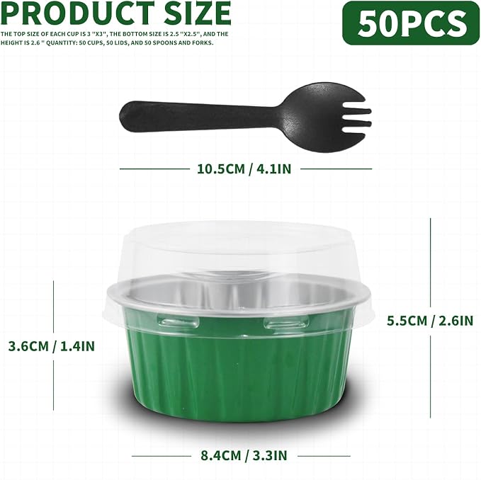 St. Patrick's Day 50Pcs Mini Aluminum Foil Cupcake,5oz Baking Cups with Lid | Green Disposable Ramekins for Christmas,Mini Cake Pans,Loaf Pan with Lids,Tin Cups Containers for Cupcake,Pudding,Cheesecake - Image 2