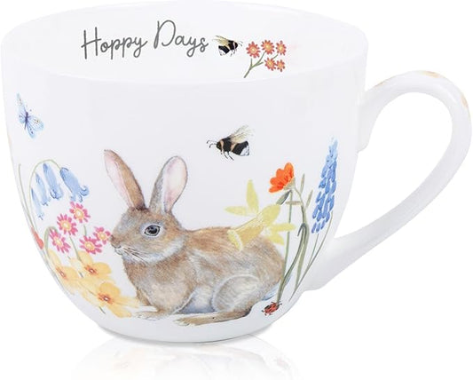 20 oz Bunny Coffee Mug with Spring Flowers & Happy Days Slogan, Premium Bone China Rabbit Coffee Cup, Cute Garden Gift for Women, Family&Friends, Designed in England by Harvest Green Studio by MFoffice