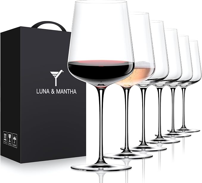 Red Wine Glasses Set of 6, 15oz Crystal Hand Blown, Long Stem, Gift | Clear, Wtite Wine Glass, Ideal for Daily Use, Party, Great Gift for Birthdays, Christmas by LUNAMANTHA