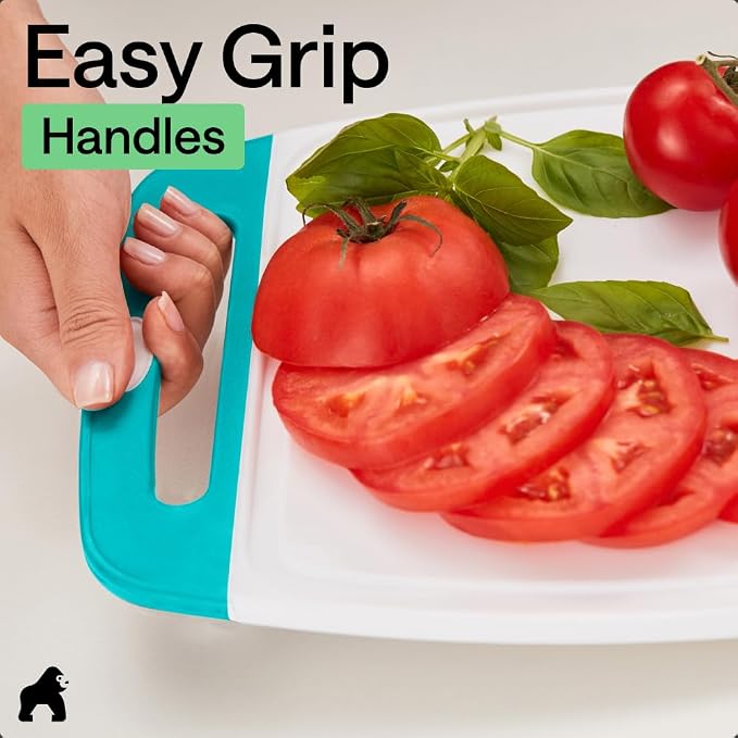 GORILLA GRIP BPA-Free Reversible Kitchen Cutting Board Set of 3, US Designed, Nonporous, Juice Grooves Catch Liquid, Slip Resistant Border, Dishwasher Safe Durable Large Food Chopping Boards Turquoise - Image 8