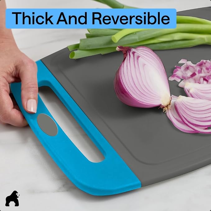 GORILLA GRIP BPA-Free Reversible Kitchen Cutting Board Set of 3, US Designed, Nonporous, Juice Grooves Catch Liquid, Slip Resistant Border, Dishwasher Safe, Durable Food Chopping Boards, Gray Aqua - Image 7