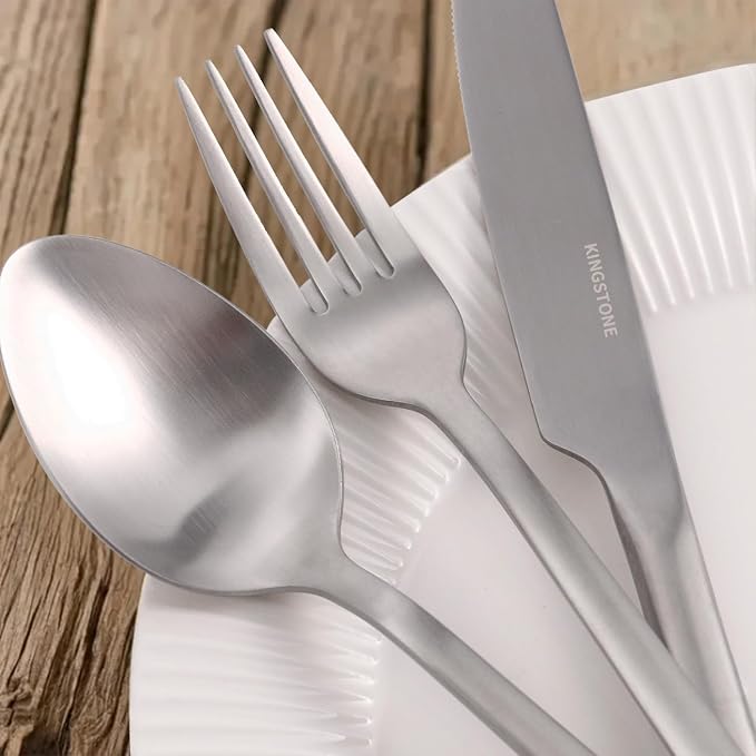 KINGSTONE 30 Pieces Silverware Set, Flatware Cutlery Set for 6, 18/10 Stainless Steel Silverware Utensils Minimalist Design Dishwasher Safe, Matte Silver - Image 5