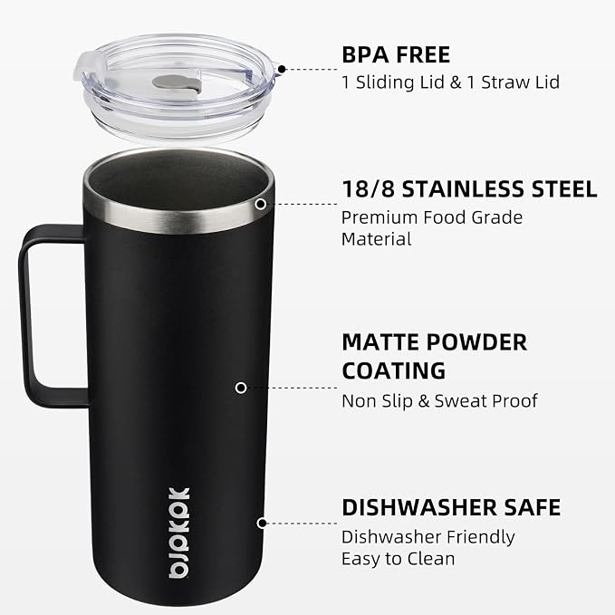 BJPKPK 32oz Insulated Coffee Mug with Handle, Stainless Steel Travel Mug | Keeps Drinks Hot & Cold, Double Wall Vacuum, 2 Lids Included, BPA-Free Coffee Tumbler for Home, Office & Travel - Image 2