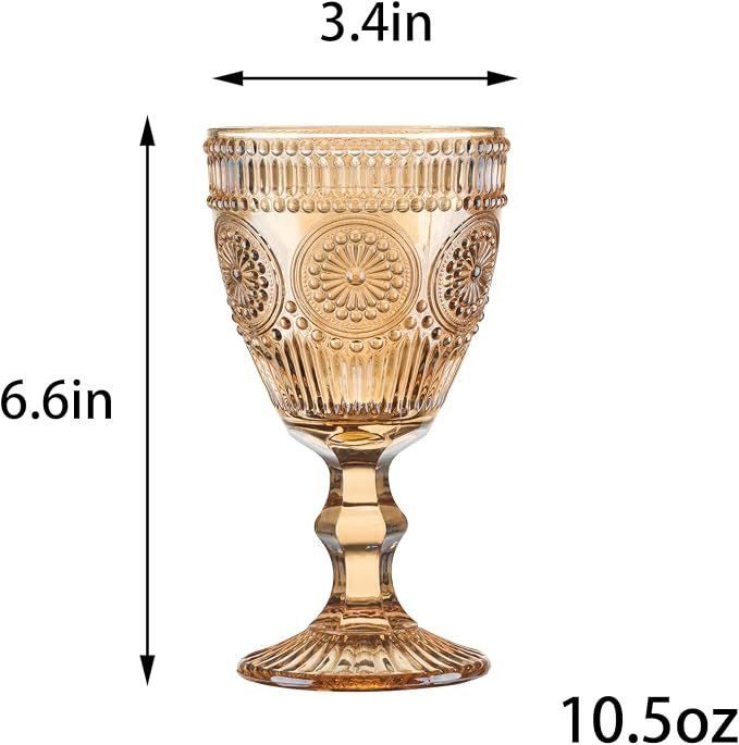 24 Pcs Vintage Wine Glasses, 10 Oz Colored Glass Water Goblets, Unique Flower Embossed Pattern High Clear Stemmed Glassware Wedding Party Bar Glass Drinking Cups Flower Amber Fancy Glasses Set of 24 - Image 5