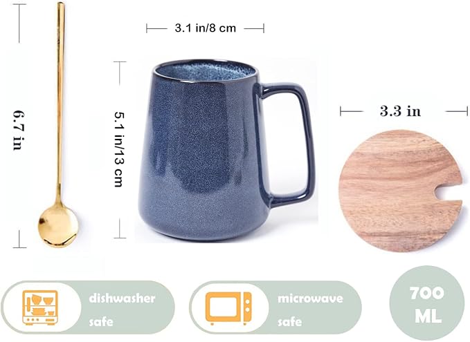 Large Ceramics Coffee Mugs,24 OZ,With Spoon And Wooden Lid,For Coffee,Tea,Cocoa,Large Handle Design,Microwave And Dishwasher Safe(Color:24 oz blue set) - Image 2