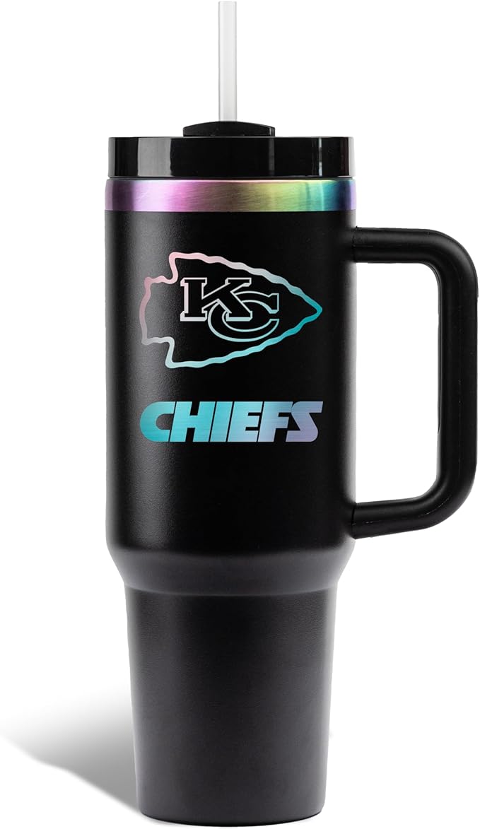 The Memory Company NFL 40oz Iridescent Tumbler - Double-Wall Vacuum Insulated Stainless Steel Water Bottle - Team Spirit Travel Cup with Handle, Lid and Straw, Hot and Cold Drink Container