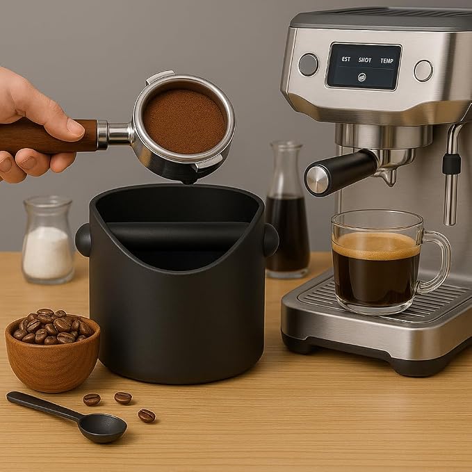 Coffee Knock Box, 4.6 in, Barista Style Espresso Grounds Knock Box, Removable Plastic Knock Rod, Non-Slip Base, Espresso Maker Accessory (Caramel) - Image 6
