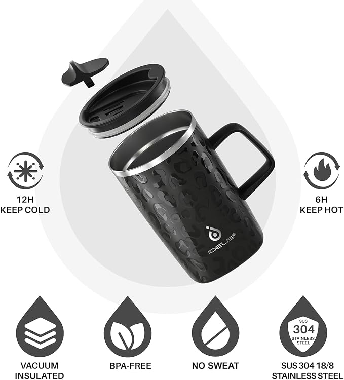 Ideus 16 oz Insulated Stainless Steel Coffee Mug with Lid, Leopard Black | Perfect for home, office, or daily use| Easy to clean wide mouth| Sweat-proof| On the go - Image 2