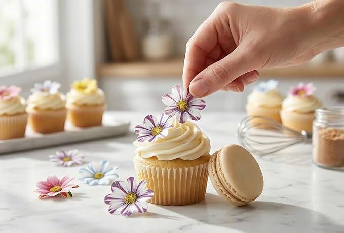 Set of 48 Edible Mini Flower Cupcake Toppers Wedding Cake Birthday Party Food Decoration Mixed Size & Colour - Image 3