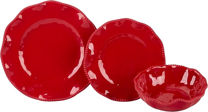 Perlette Red Melamine Dinnerware Set – 12-Piece Scalloped Plates & Bowls, Vibrant Glossy Finish, Elegant Beaded Rim, Durable & Lightweight – Service for 4, Indoor/Outdoor Use - Image 2