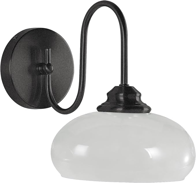 Modern Matte Black Wall Sconce Farmhouse 7.9" Milk White Glass Globe Wall Lamp for Industrial Style Hard-Wired Semi Flush Mount Wall Light Fixture for Stairway, Hallway, Bedroom by BOKT