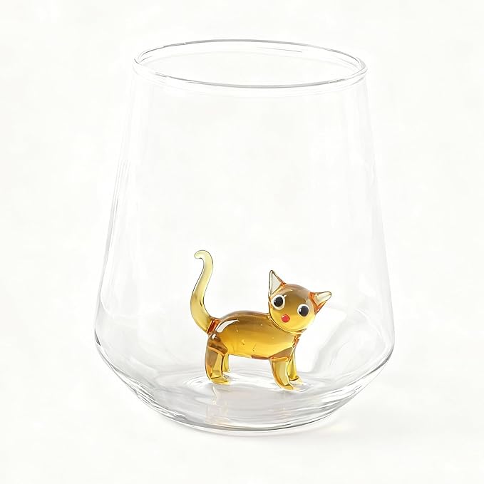 Cat Figurine Glass Cup 3D Animal Artisan Glassware Collection Handmade Cute Wine Cup Meow Garden Crystal Cat Tumbler Gothic Decorations Stemless Wineglass by Unknown