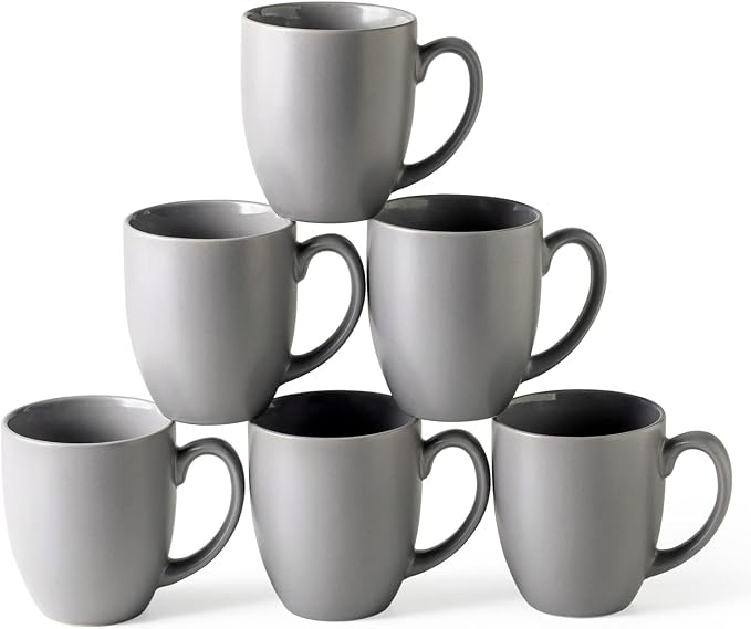 AmorArc Coffee Mugs Set of 6, Ceramic coffee mugs with large handle for Men Women,16oz Coffee Mugs for Coffee,Tea,Latte,Cocoa. Easy to Hold&Clean, Dishwasher&Microwave Safe, Matte Grey by AmorArc
