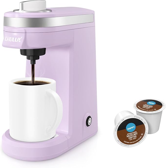 CHULUX Mini Single One Cup Coffee Maker for K Pod, Auto Shut Off, Lavender | Fast-Heating Boiler System, Single Cup Brewing, Portable Compact Design, Four-Hole Multi-Stream Needle, Adjustable Drip Tray by CHULUX