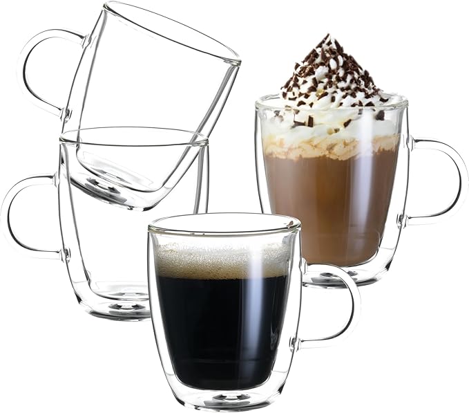 Double Wall Insulated Glass Coffee Mugs set of 4-13.5 oz Clear Hand Blown Glass Coffee Cups with Handle for Cappuccino, Latte,Espresso,Tea Bags,Americano,Beverages, Coffee Lovers Gifts