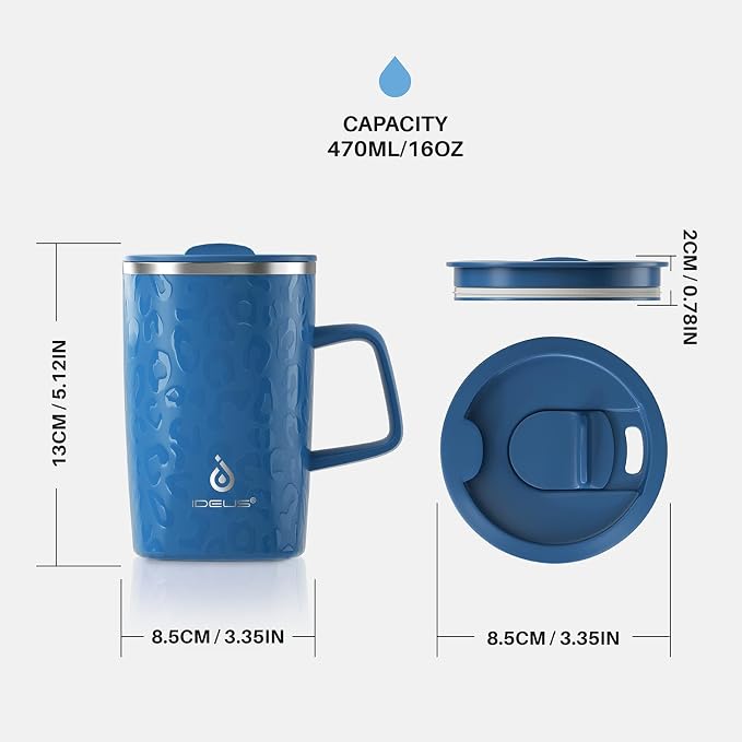 Ideus 16 oz Insulated Stainless Steel Coffee Mug with Lid, Leopard Blue | Perfect for home, office, or daily use| Easy to clean wide mouth| Sweat-proof| On the go - Image 6