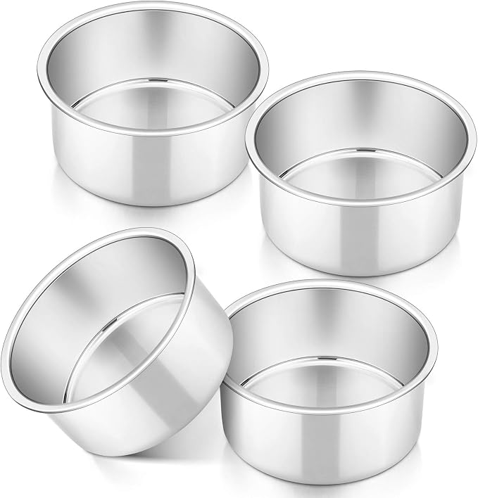 P&P CHEF 4 Inch Cake Pan Set of 4, Stainless Steel Round Cake Pans Tins | Baking Round Cake Bakeware for Birthday Wedding, Leak-proof & Mirror Finish & Easy Releasing, Dishwasher Safe by PPCHEF