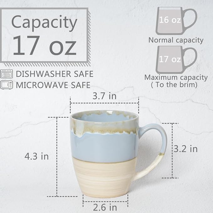 Bosmarlin Ceramic Coffee Mug Set of 4, 16 Oz, 5 Colors to Choose, Tea Cups, Dishwasher and Microwave Safe, Reactive Glaze (Light Blue) - Image 2