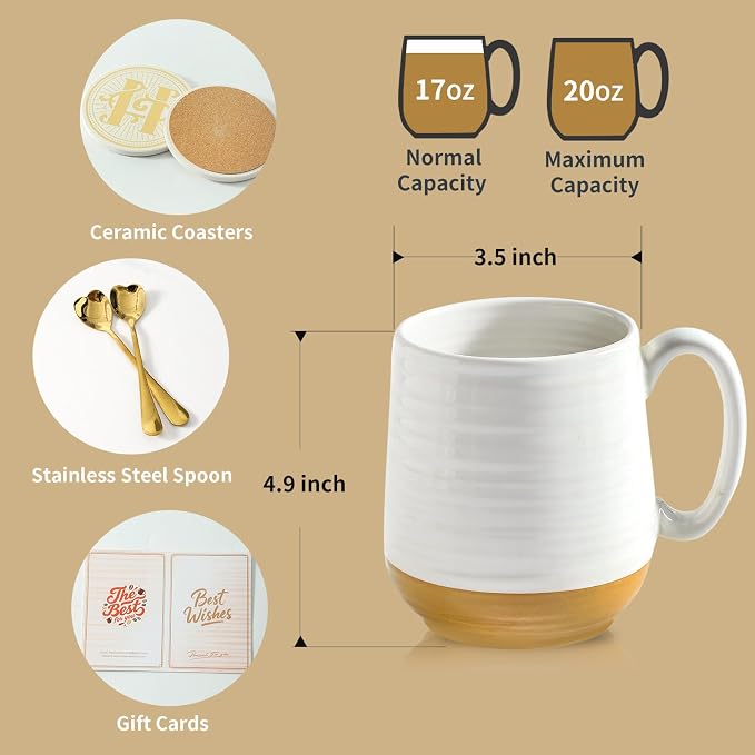 HASENSE Ceramic Couple Coffee Mug Gift Set, 20oz Mugs Set of 2 with Glaze Coasters & Gold Spoons |Unique Engagement, Bridal Shower, Wedding & Housewarming Gift for Newly Engaged, Bride and Groom White - Image 2