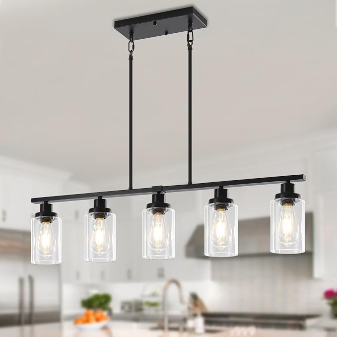 5-Light Black Kitchen Island Lighting, Modern Dining Room Light Fixtures | 37'' Farmhouse Linear Chandeliers Over Table, Island Lights for Kitchen with Clear Glass Shades, Adjustable Height by YUEMZSChandelierforLiving