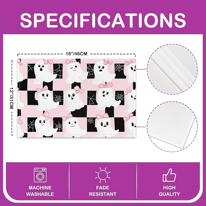 Feelyou Happy Halloween Placemats Set of 4 Cute Ghost Bow Table Mats for Party Kitchen Dining Decoration White Pink Black Place Mat for Table Holiday Decor Indoor Outdoor 18"x12" Non-Slip Spider Web - Image 4