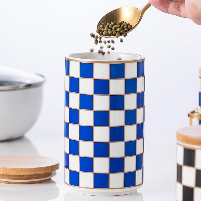 Kitchen Countertop Ceramic Checkered Canisters,Black And White Food Storage Containers With Lid,Airtight Kitchen Canisters for Flour, Sugar, Coffee, Tea, and Dry Goods (Blue, Large) by XYQXYQ