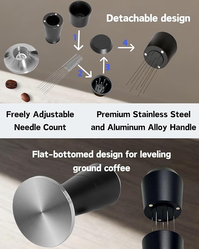Espresso Tamper 51/53/58mm Magnetic WDT Tool 2 in 1 Accessories, Barista Coffee Tamper Kit with Distribution Tool Dosing Funnel Puck Screen, Stainless Steel Flat Base (53mm)