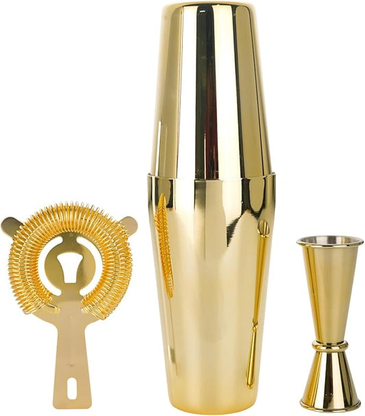 Cocktail Shaker Set 4-Piece Boston Shaker Kit with 20oz/25oz Shaker,Strainerand 0.5/1oz Double JiggerBar Set for Home Drink Mixer Bartendiing (Gold, 20oz/25oz)