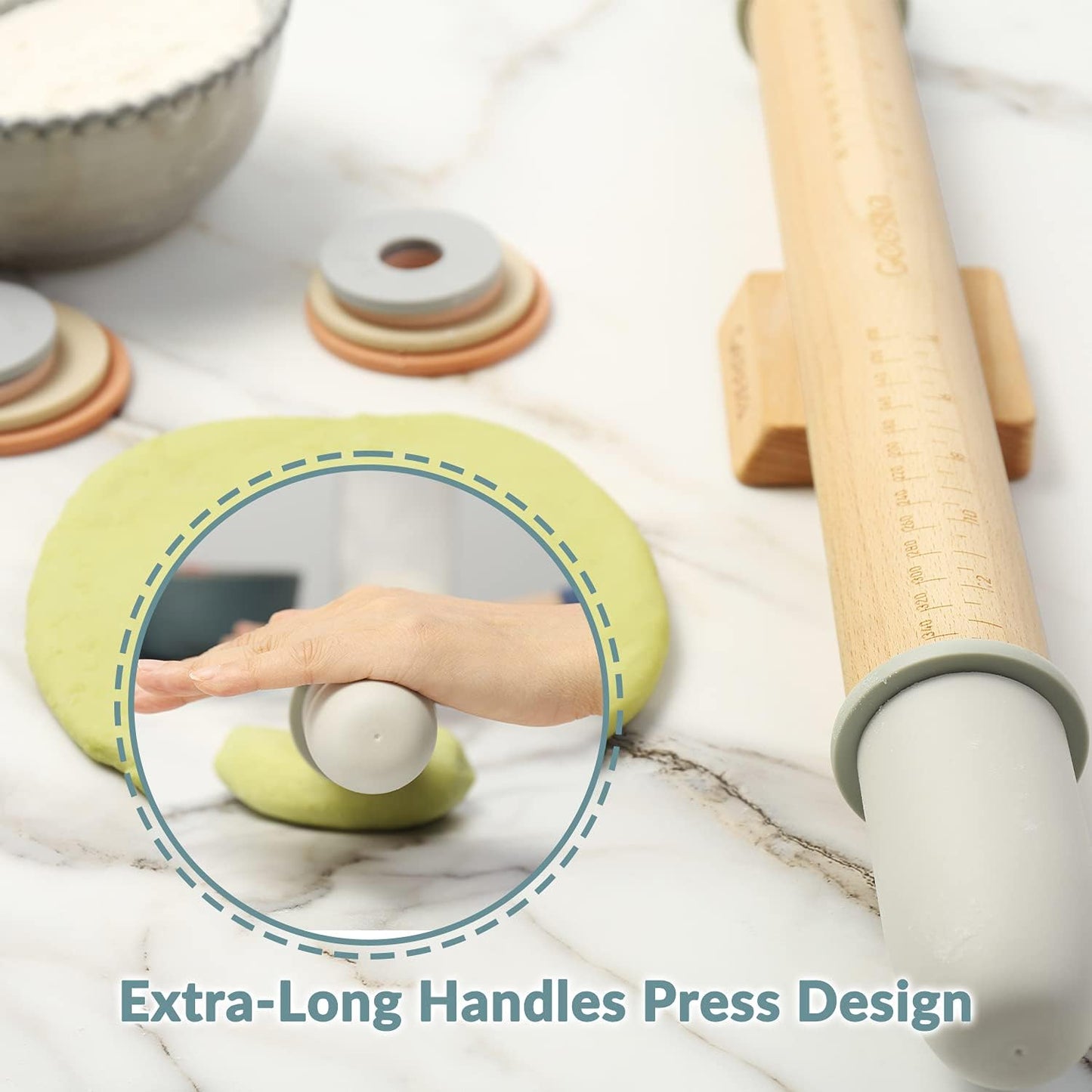 Adjustable Wooden Rolling Pin with Thickness Rings and Measurement Guide