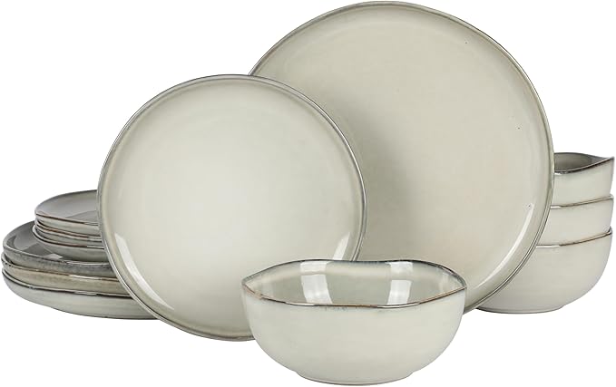 Gibson Elite Nardini 12 Piece (Service for 4) Plates and Bowls Reactive Glaze Dishes Stoneware Ceramic Dinnerware Set - Moon White by GibsonHomewares