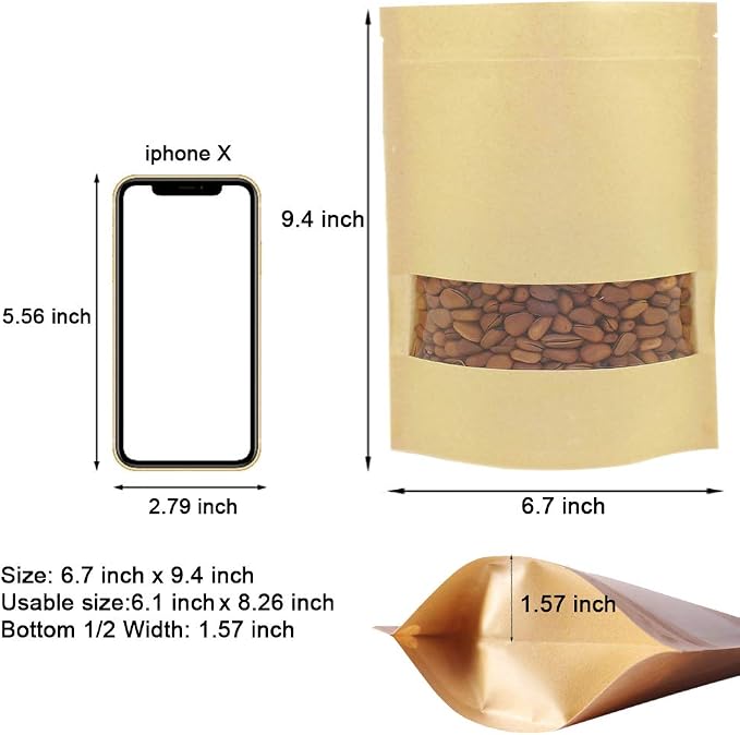100 Pcs Resealable Stand Up kraft Paper Bags with Window for Packaging Products, Reusable Zip Lock Food Storage Pouch Bags (6.7" x 9.4") - Image 3