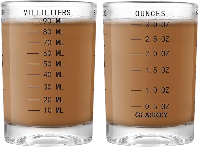GLASKEY 2 Pack Shot Glass Measuring Cup Set,3 oz/90ML Liquid Heavy High Espresso Glass Cup,Dishwasher Safe,Measurement of Dry and Liquid Ingredients(Black)