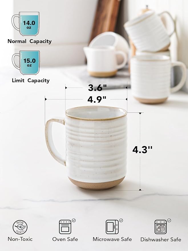 LE TAUCI Coffee Mugs 15 oz, Ceramic Coffee Cups for Latte, Hot Tea, Cappuccino, Mocha, Cocoa, Housewarming Wedding Present Mug Set - Set of 4, Arctic White - Image 4
