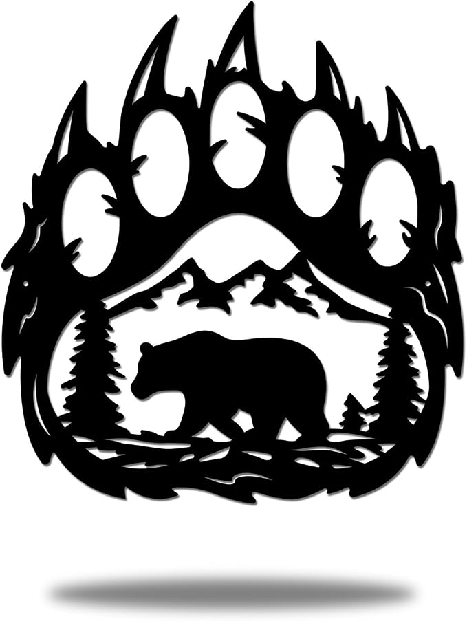 INFUNLY Bear Paw Wall Decor 10.8X11.8 Inches With Forest Mountain Pine Tree - Rustic Cabin Hunting Decorations Metal Bear Decor for Living Room Bedroom Indoor by INFUNLY