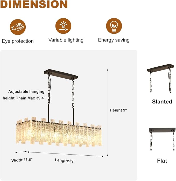 Modern Rectangle Black Crystal Chandeliers for Dining Room, L39" Large Rectangular Water Ripple Glass Island Light Fixture, 6-Lights Hanging Pendant Light for Kitchen Island, Living Room - Image 5
