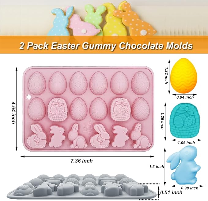 2 Pack Easter Gummy Chocolate Molds 18 Cavities Egg Rabbit Candy Mould Tray Baking Tools for Chocolate Cake Dessert Candy Mousse Pastry Handmade Soap Cupcake Topper Crayons - Image 2