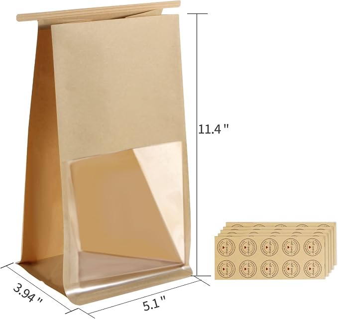 50pcs Bakery Bags with Window, 5.1x4.3x11 Inches Cookie Bags for Packaging, Brown Kraft Paper Tin Tie Tab Lock Bag for Bun, Candy, Nuts, Coffee Bean, Cookie for Gift Giving - Image 2
