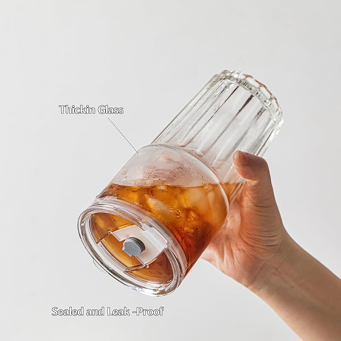 INSETLAN 20oz Clear Glass Cups & Tumbler Set with Lids & Straws – 2-Pack, Reusable Drinking Cups for Iced Coffee, Smoothies, Tea, Juice, Leak-Proof, Spill-Proof, Ideal for Home and Outdoor Use