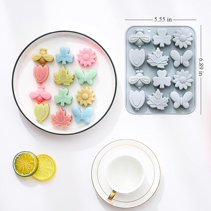 24 Cavities Unique Candy & Chocolate Silicone Mold, 6 Different Shapes, Including Leaf, Flower, Grass, Honey, Butterfly, Non-Stick, Baking Molds for Making Cake Decoration, Jelly, Ice Cubes, 2 Count