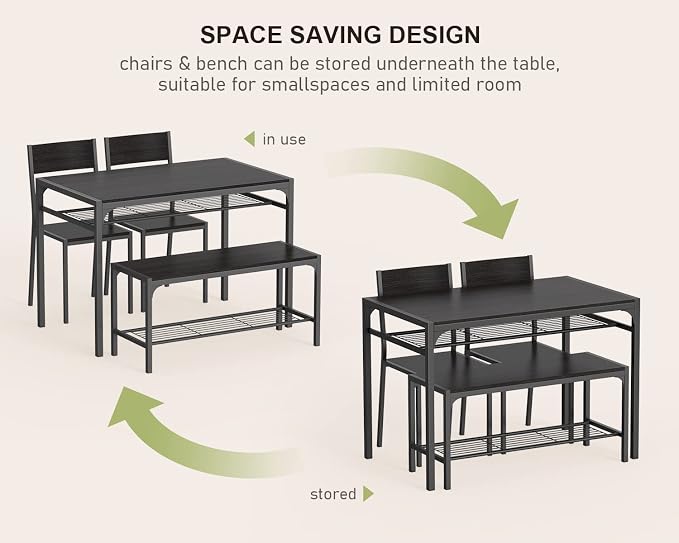 Gizoon 4-Piece Dining Table Set for 4, Kitchen Table with Bench Black | Space-saving black 4-piece dinette set with metal storage rack. Includes 2 ergonomic chairs and 1 bench. Easy to clean. - Image 8