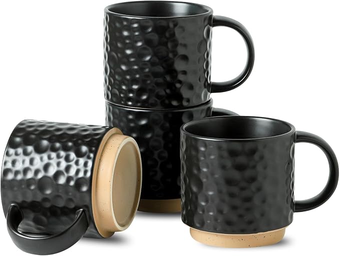Nihow 16OZ Stackable Coffee Mug Set, Large Ceramic Coffee Mug Set of 4,Coffee Cup Set for Cappuccino/Latte/Cocoa,Dishwasher & Microwave Safe, Matte Black by Nihow