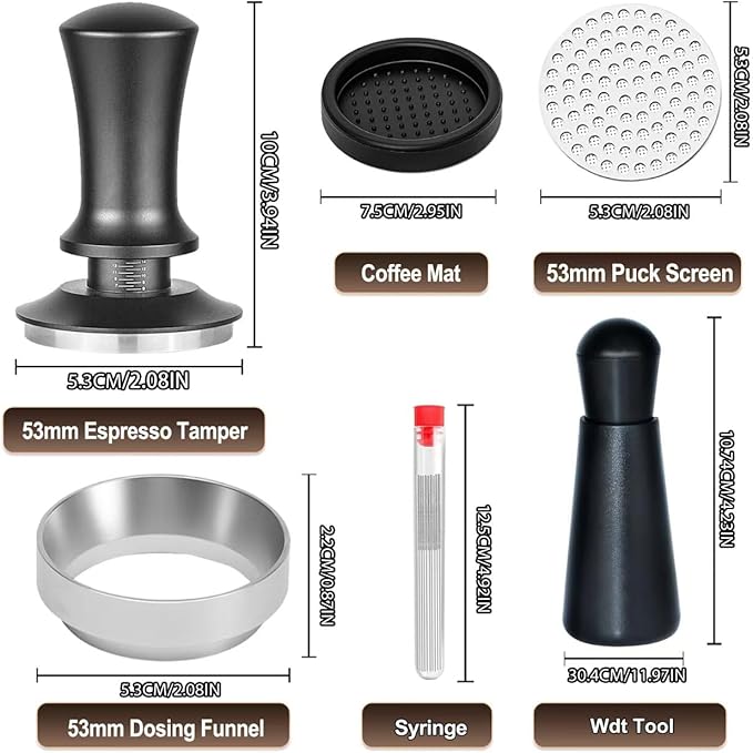 53mm Espresso Accessories Kit, Spring Loaded Calibrated Tamper, WDT Tool, Puck Screen and Dosing Funnel Set Fits Delonghi 53 mm Espresso Coffee Machines and Portafilter, Professional Barista Tools