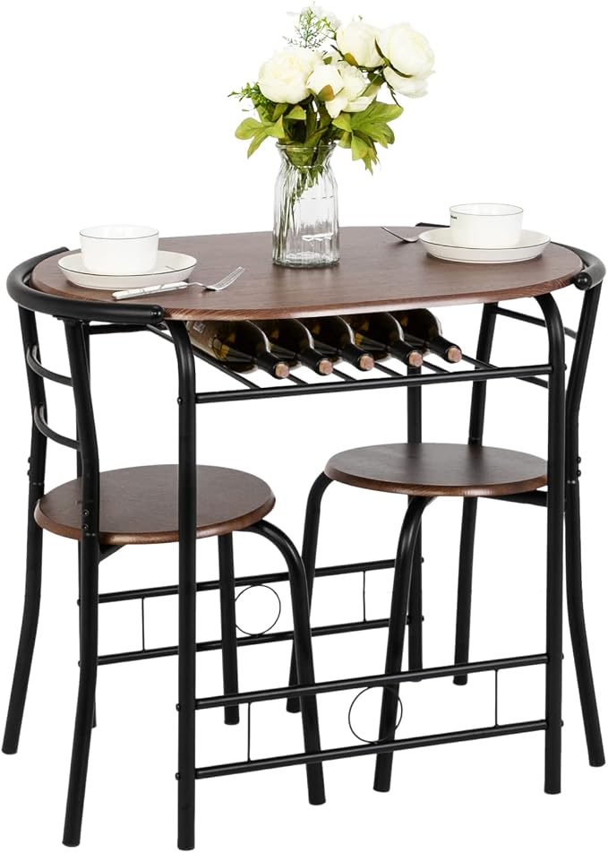 VINGLI 3 Piece Dining Set,Small Kitchen Table Set for 2,Breakfast Table Set for 2,Kitchen Wooden Table and 2 Chairs for Small Space/Dining Room/Apartment,Metal Frame,Wine Rack,Black&Walnut - Image 2
