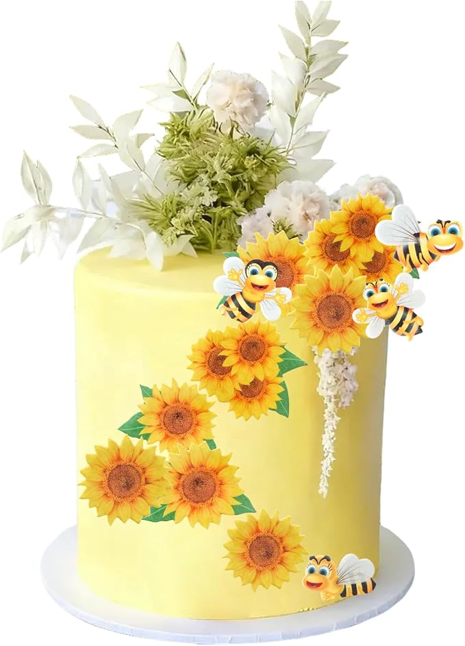 68 PCS Edible Sunflower Cupcake Toppers, Edible Flower and Bee Mixed Cake Decorations for Baby Shower and Birthday Cake Decoration, Food Decoration Supplies - Image 2
