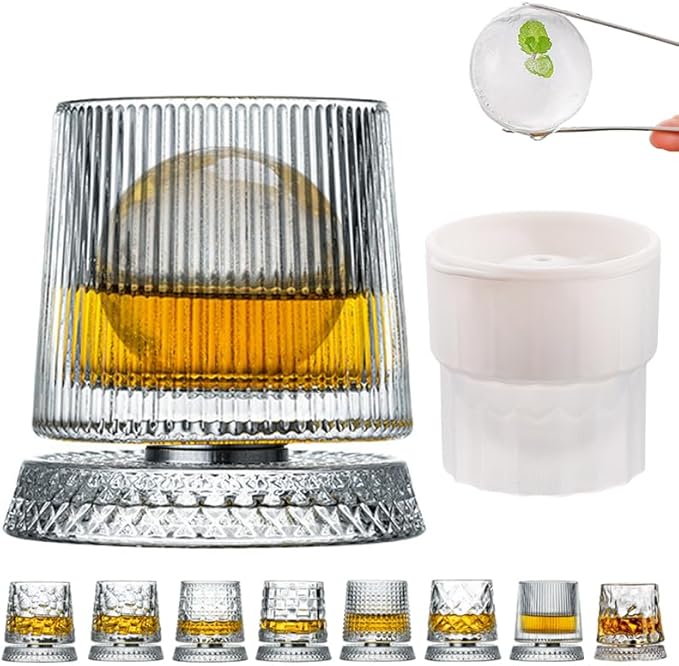 360 Degree Rotating Whiskey Glass Set with Ice Ball Mold, Crystal Clear Bourbon Scotch Glassware for Men, Fun & Novelty Gifts (Pattern 1) by GOWARM