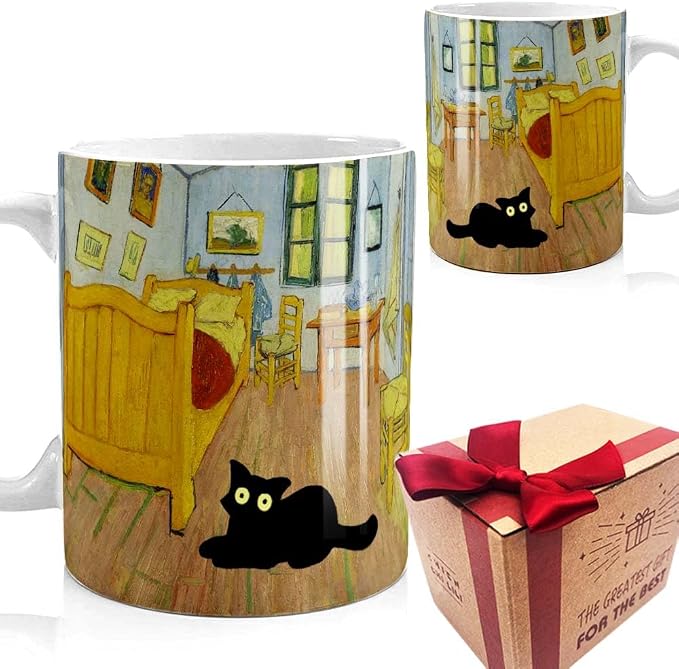 Famous Art Paintings Funny Cat Coffee Mug for Artist Art Lover Teacher Cat Lovers, Famous Picture Classic Vincent Aesthetic Canvas Mug Birthday Gift for Women Man (Bedroom in Arles) by SUUURA-OO